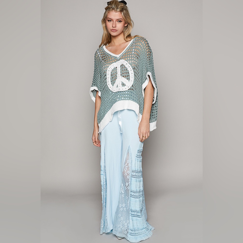 POL Crochet Open-Knit Peace Sign Sweater Poncho in Sage Green and White - Picture 2 of 8
